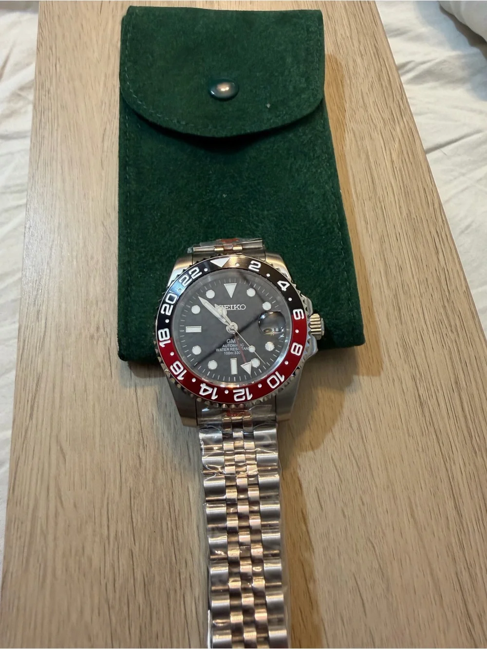 Seiko mod Men's Stainless Steel GMT Watch with Black and Red Bezel